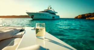 Elegant white yacht anchored in turquoise Mediterranean waters near Menorca, with abandoned champagne glasses on deck