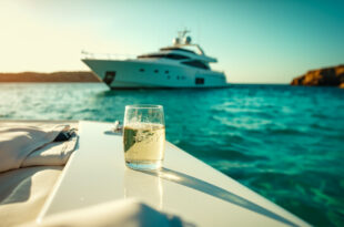 Elegant white yacht anchored in turquoise Mediterranean waters near Menorca, with abandoned champagne glasses on deck