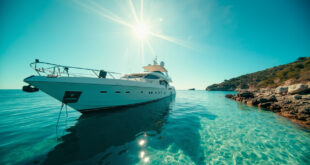 Abandoned luxury yacht with film equipment floating in crystal clear waters of a secluded Mediterranean bay