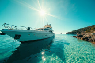 Abandoned luxury yacht with film equipment floating in crystal clear waters of a secluded Mediterranean bay