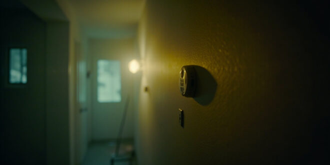 Empty vacation rental interior with carbon monoxide detector on wall, showing warning signs amid eerie stillness