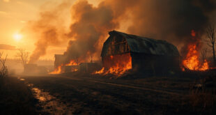 Charred remains of a barn with twisted metal roof smoldering on rural farmland after devastating agricultural fire