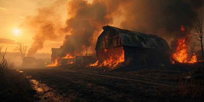 Charred remains of a barn with twisted metal roof smoldering on rural farmland after devastating agricultural fire