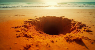 Collapsed sand tunnel on empty Mediterranean beach, showing dangerous unstable walls with disturbed sand around opening