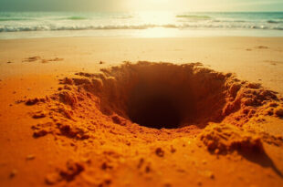 Collapsed sand tunnel on empty Mediterranean beach, showing dangerous unstable walls with disturbed sand around opening