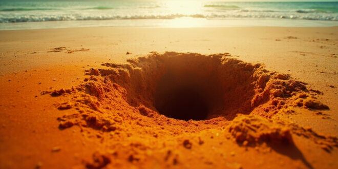 Collapsed sand tunnel on empty Mediterranean beach, showing dangerous unstable walls with disturbed sand around opening