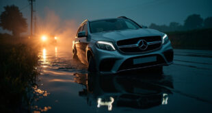 Damaged Mercedes SUV partially submerged in dark canal waters along rural roadside at dusk