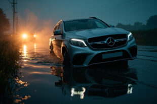 Damaged Mercedes SUV partially submerged in dark canal waters along rural roadside at dusk