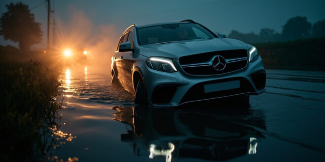 Damaged Mercedes SUV partially submerged in dark canal waters along rural roadside at dusk