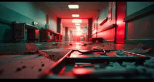 Abandoned hospital room with scattered medical charts and empty surgical instruments under harsh fluorescent lighting