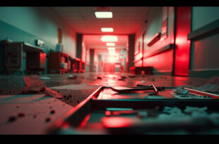 Abandoned hospital room with scattered medical charts and empty surgical instruments under harsh fluorescent lighting