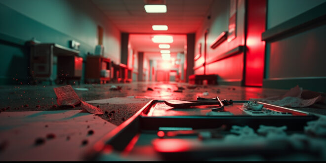 Abandoned hospital room with scattered medical charts and empty surgical instruments under harsh fluorescent lighting
