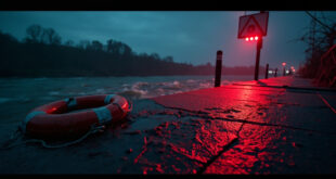 Abandoned life ring on empty dock at dusk overlooking turbulent Rhine river waters with warning signs