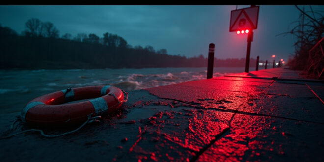 Abandoned life ring on empty dock at dusk overlooking turbulent Rhine river waters with warning signs