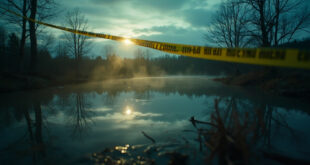 Rural pond at dusk surrounded by bare trees with police tape marking a scene of investigation