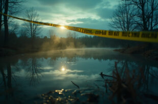 Rural pond at dusk surrounded by bare trees with police tape marking a scene of investigation