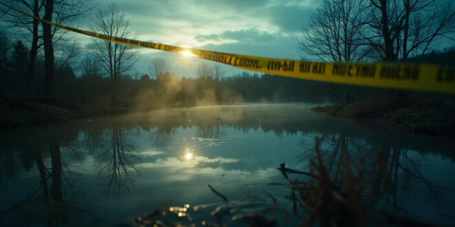 Rural pond at dusk surrounded by bare trees with police tape marking a scene of investigation