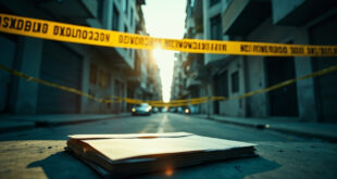 Crime scene with sealed evidence envelope and police tape surrounding an empty apartment building on an urban street