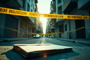 Crime scene with sealed evidence envelope and police tape surrounding an empty apartment building on an urban street