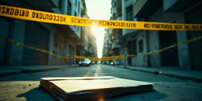 Crime scene with sealed evidence envelope and police tape surrounding an empty apartment building on an urban street