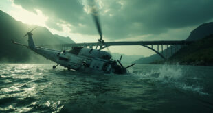 Military helicopter wreckage partially submerged in a quiet river with bridge overhead, debris scattered in green water