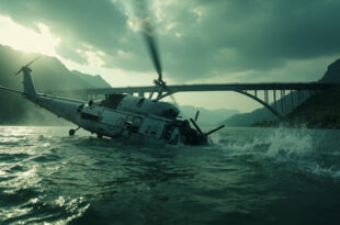 Military helicopter wreckage partially submerged in a quiet river with bridge overhead, debris scattered in green water
