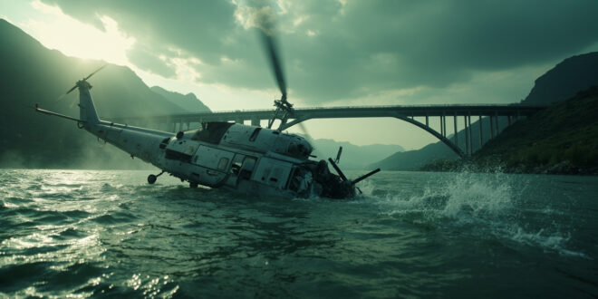 Military helicopter wreckage partially submerged in a quiet river with bridge overhead, debris scattered in green water