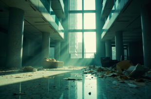 Abandoned Manhattan office lobby with overturned furniture and scattered papers on marble floor after urban violence