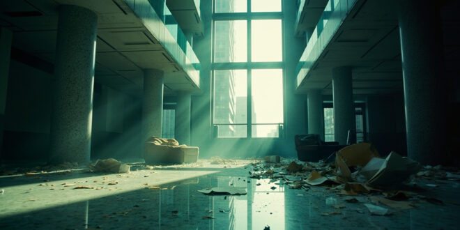 Abandoned Manhattan office lobby with overturned furniture and scattered papers on marble floor after urban violence