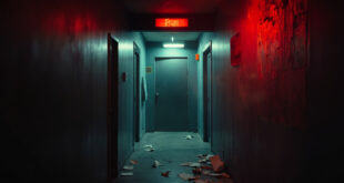 Empty corporate hallway with scattered papers and an open panic room door in abandoned office at night