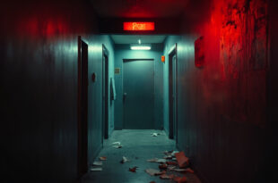 Empty corporate hallway with scattered papers and an open panic room door in abandoned office at night