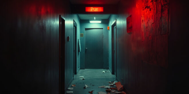 Empty corporate hallway with scattered papers and an open panic room door in abandoned office at night