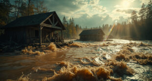 Abandoned wooden camp structures partially submerged in rushing muddy floodwater at devastated summer campgrounds