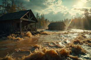Abandoned wooden camp structures partially submerged in rushing muddy floodwater at devastated summer campgrounds