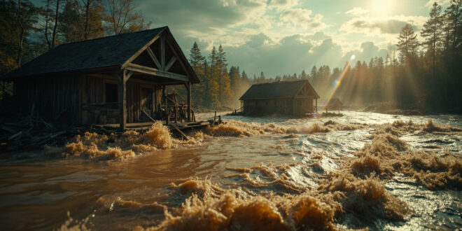Abandoned wooden camp structures partially submerged in rushing muddy floodwater at devastated summer campgrounds