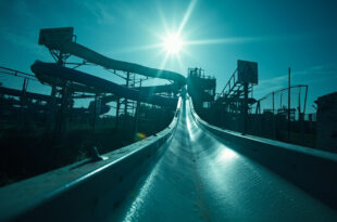 Abandoned water slide with unused safety barriers and warning signs in an empty waterpark following a tragic accident