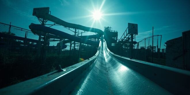 Abandoned water slide with unused safety barriers and warning signs in an empty waterpark following a tragic accident