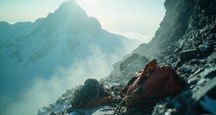 Abandoned climbing gear silhouetted against rocky cliff face on a desolate mountain peak shrouded in dawn mist