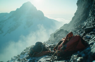 Abandoned climbing gear silhouetted against rocky cliff face on a desolate mountain peak shrouded in dawn mist