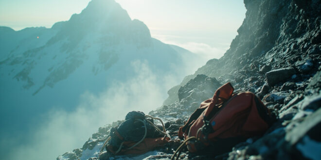 Abandoned climbing gear silhouetted against rocky cliff face on a desolate mountain peak shrouded in dawn mist