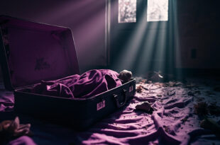 Empty suitcase lies open on unmade bed amid scattered belongings in abandoned royal estate interior