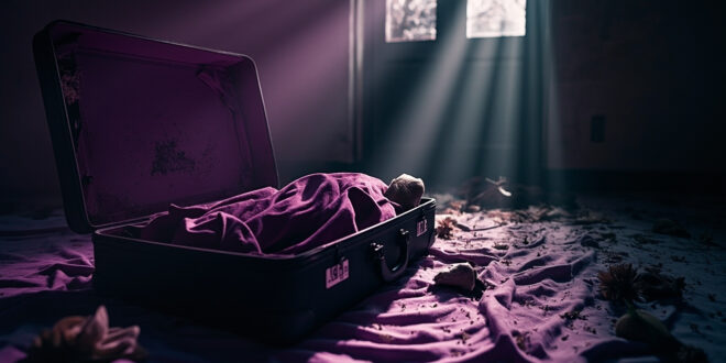 Empty suitcase lies open on unmade bed amid scattered belongings in abandoned royal estate interior