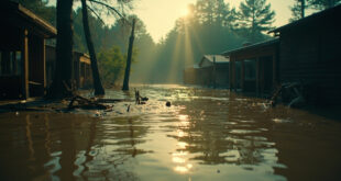 Abandoned summer camp buildings partially submerged in muddy brown floodwaters with debris floating amid rising river levels
