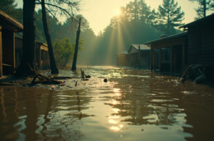 Abandoned summer camp buildings partially submerged in muddy brown floodwaters with debris floating amid rising river levels