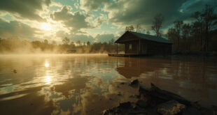 Abandoned wooden cabins partially submerged in floodwaters at a riverside camp in Texas Hill Country during catastrophic flooding