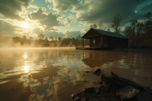 Abandoned wooden cabins partially submerged in floodwaters at a riverside camp in Texas Hill Country during catastrophic flooding