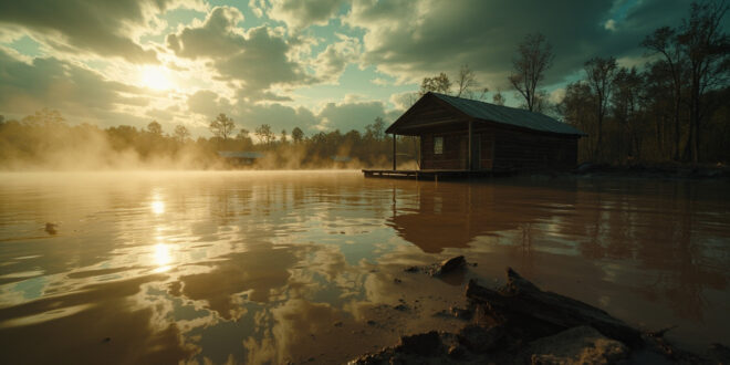 Abandoned wooden cabins partially submerged in floodwaters at a riverside camp in Texas Hill Country during catastrophic flooding