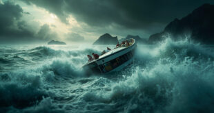 Capsized tourist vessel floating in turbulent waters of Ha Long Bay during severe storm under dark threatening skies