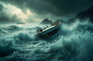 Capsized tourist vessel floating in turbulent waters of Ha Long Bay during severe storm under dark threatening skies