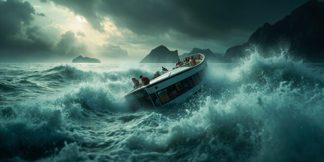 Capsized tourist vessel floating in turbulent waters of Ha Long Bay during severe storm under dark threatening skies